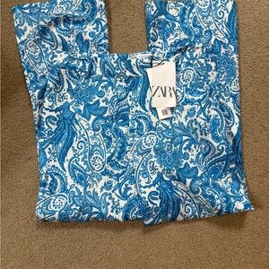 Zara Vibrant Blue paisley linen cropped pants size 8 NWT